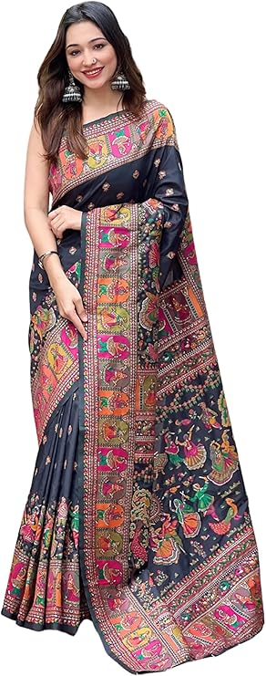 SGF11 Women's Kanjivaram Soft Silk Saree With Blouse Piece (Black)