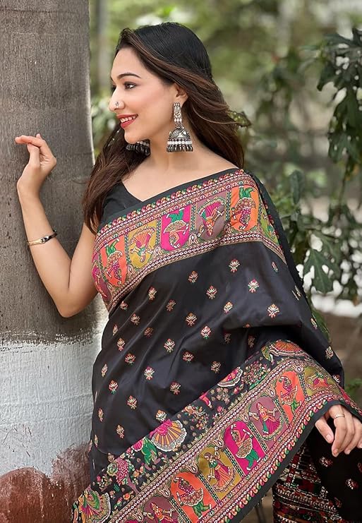 SGF11 Women's Kanjivaram Soft Silk Saree With Blouse Piece (Black) - Image 2