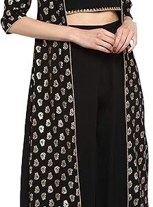 Janasya Indian Women's Black Gold Print Festive Wear