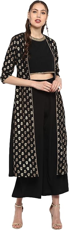 Janasya Indian Women's Black Gold Print Festive Wear