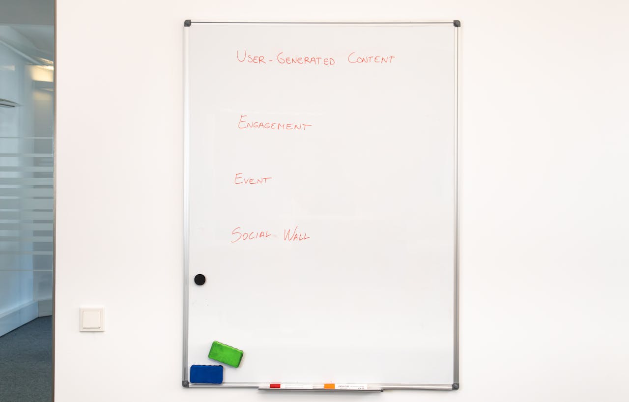 Services Office whiteboard displaying text related to user-generated content strategy.